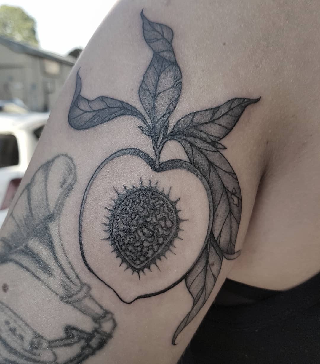 Tattoo of a detailed peach with leaves and a pit on the upper arm
